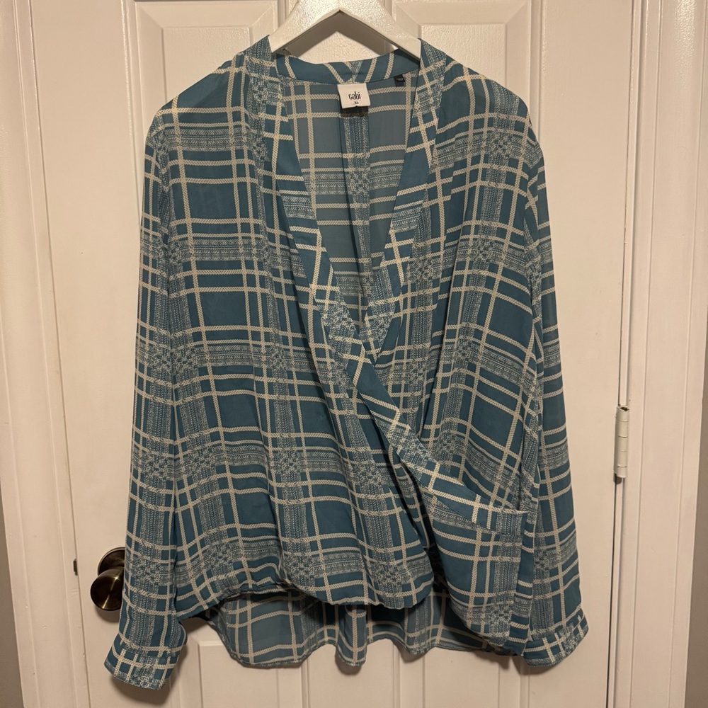 CAbi Teal and Cream Plaid Shirt